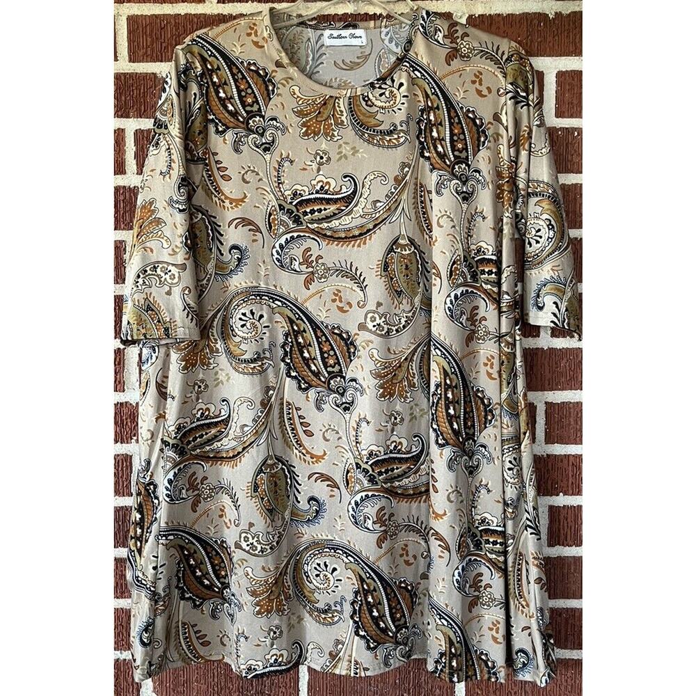 Southern Charm Tan Paisley Print Stretchy Tunic 3/4 Sleeves Size Large